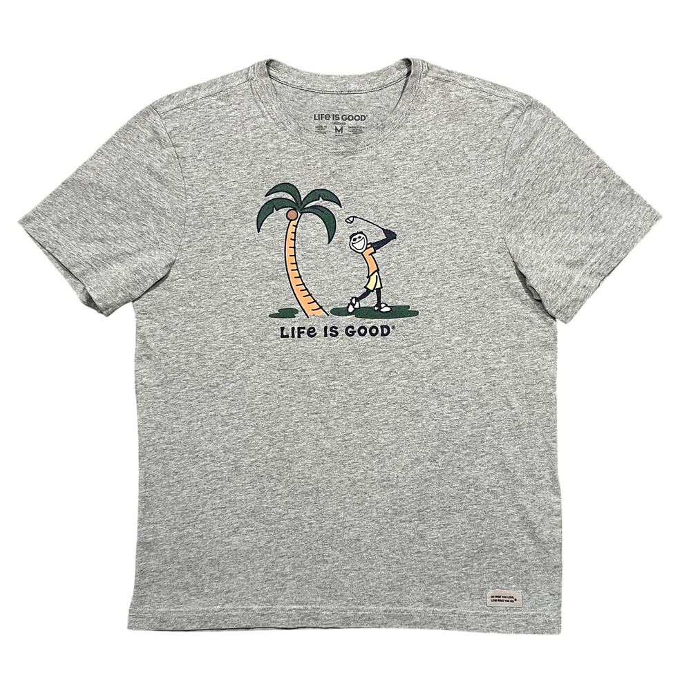 Life is Good Golfing Palm Tree Gray Heather Cotton T-Shirt Mens Size Medium